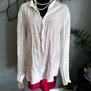 💯 Linen White Shirt Large Made in Italy Cute Long Sleeves Coastal Cottage Tunic